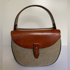 Vintage 60-70’s ETIENNE AIGNER Cognac Leather & Tweed Double Flap Purse Handbag